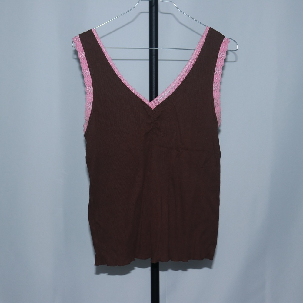 One Step Up Womens Vintage Lace Trim Tank Top Brown V-Neck Size L